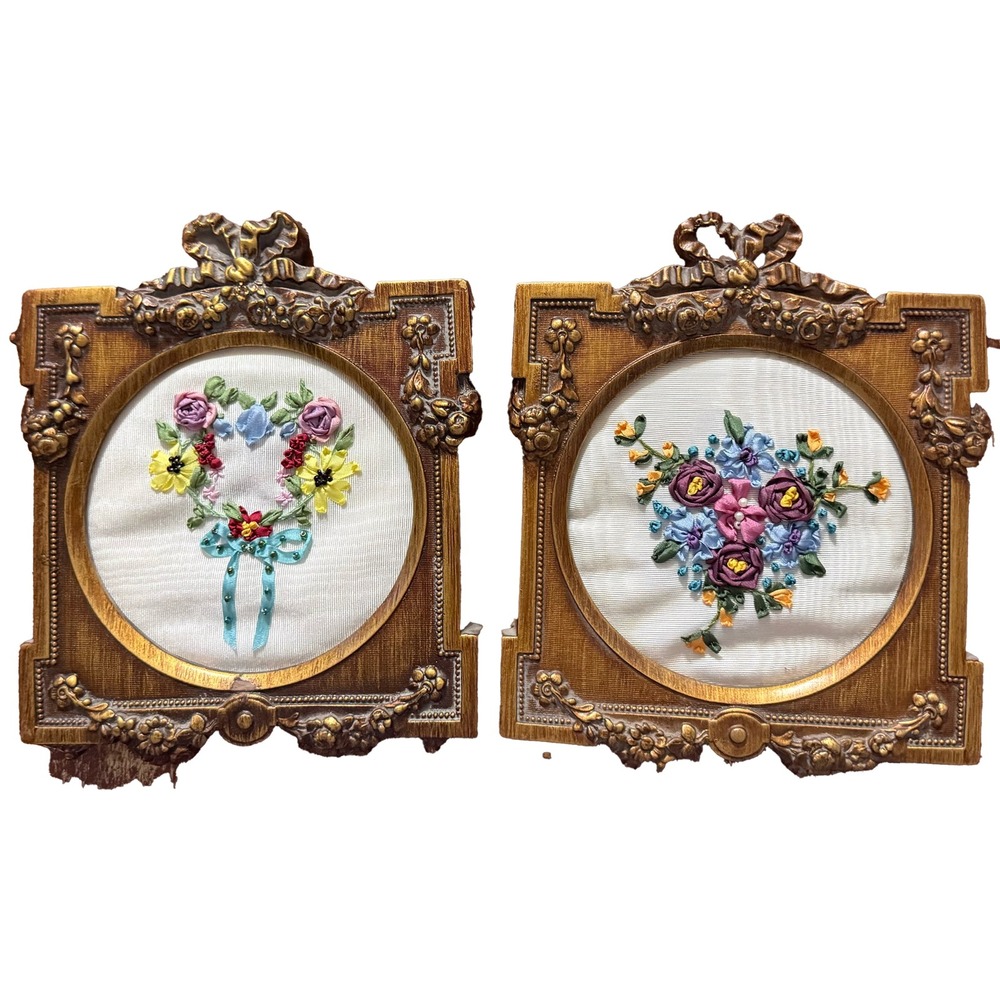 Vtg Framed Silk Ribbon Embroidery Floral Art Wreath Bouquet Set of 2